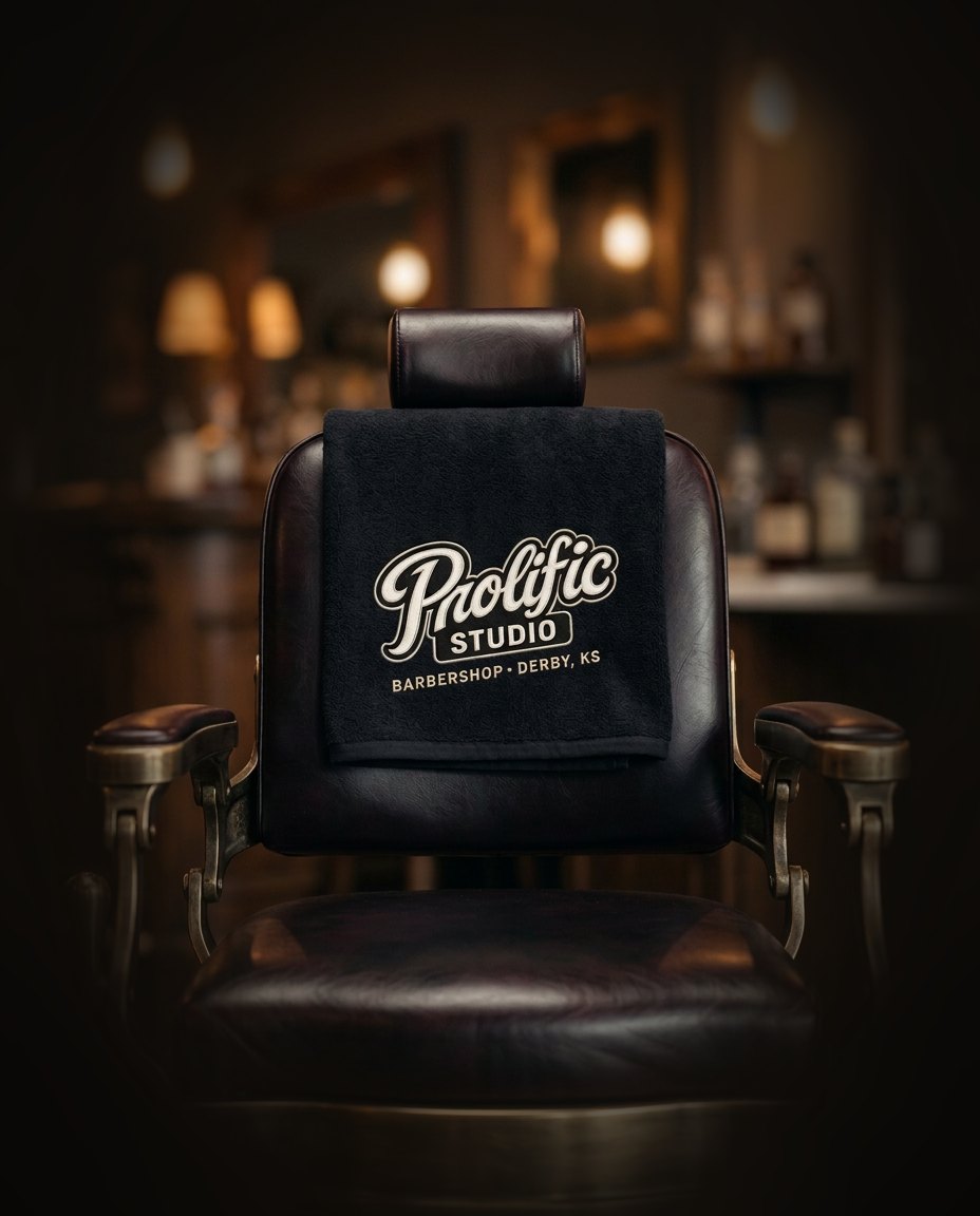Vintage barber chair with a Prolific Studio towel